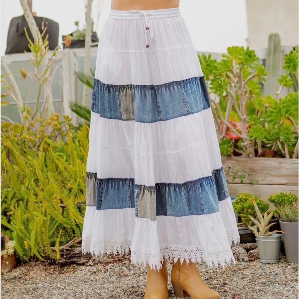 Bohemian White and Denim Tiered Maxi Skirt - Picture 1 of 7